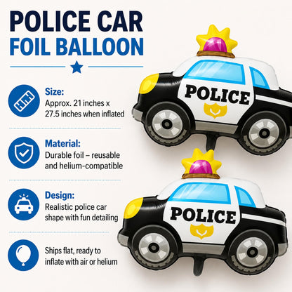 Inflated cop car balloon styled against a backdrop with blue, black, and white party decorations for a boy's birthday.