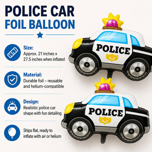 Inflated cop car balloon styled against a backdrop with blue, black, and white party decorations for a boy's birthday.