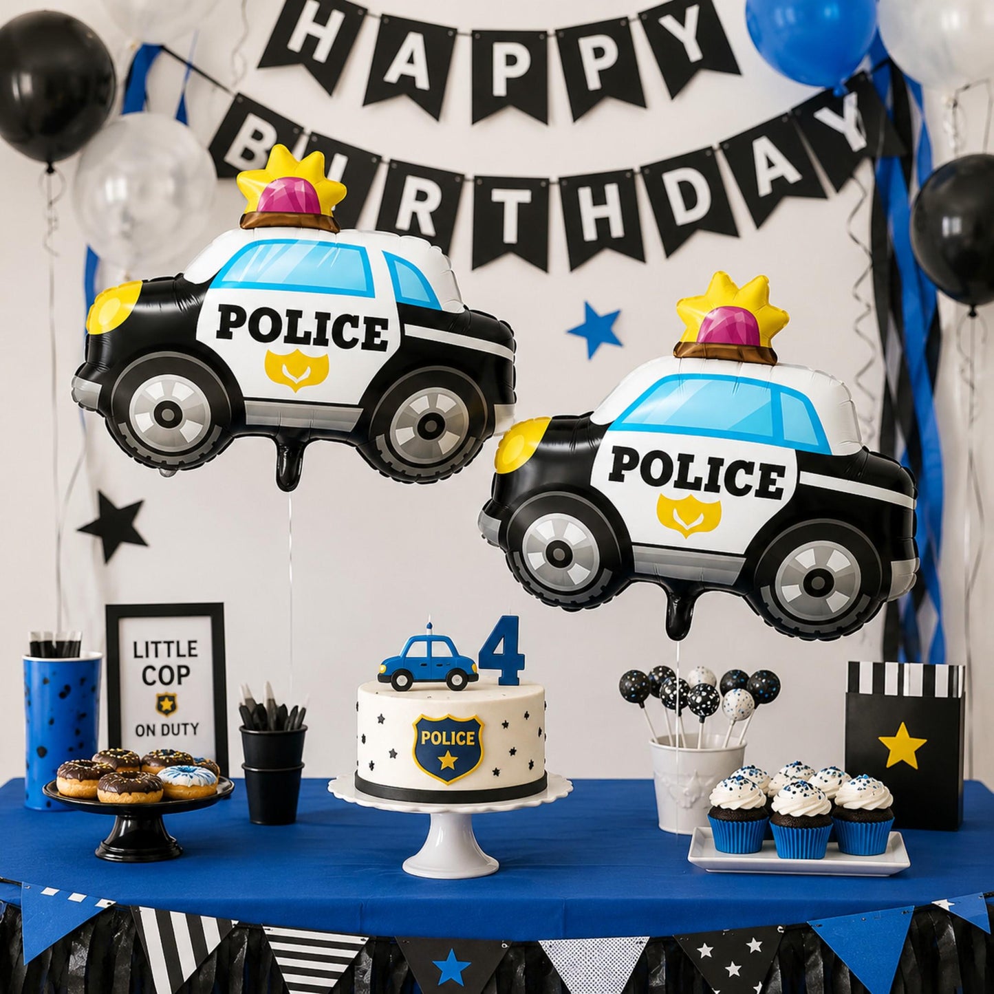 Police patrol vehicle foil balloon floating at an outdoor law enforcement appreciation event, capturing a festive mood.