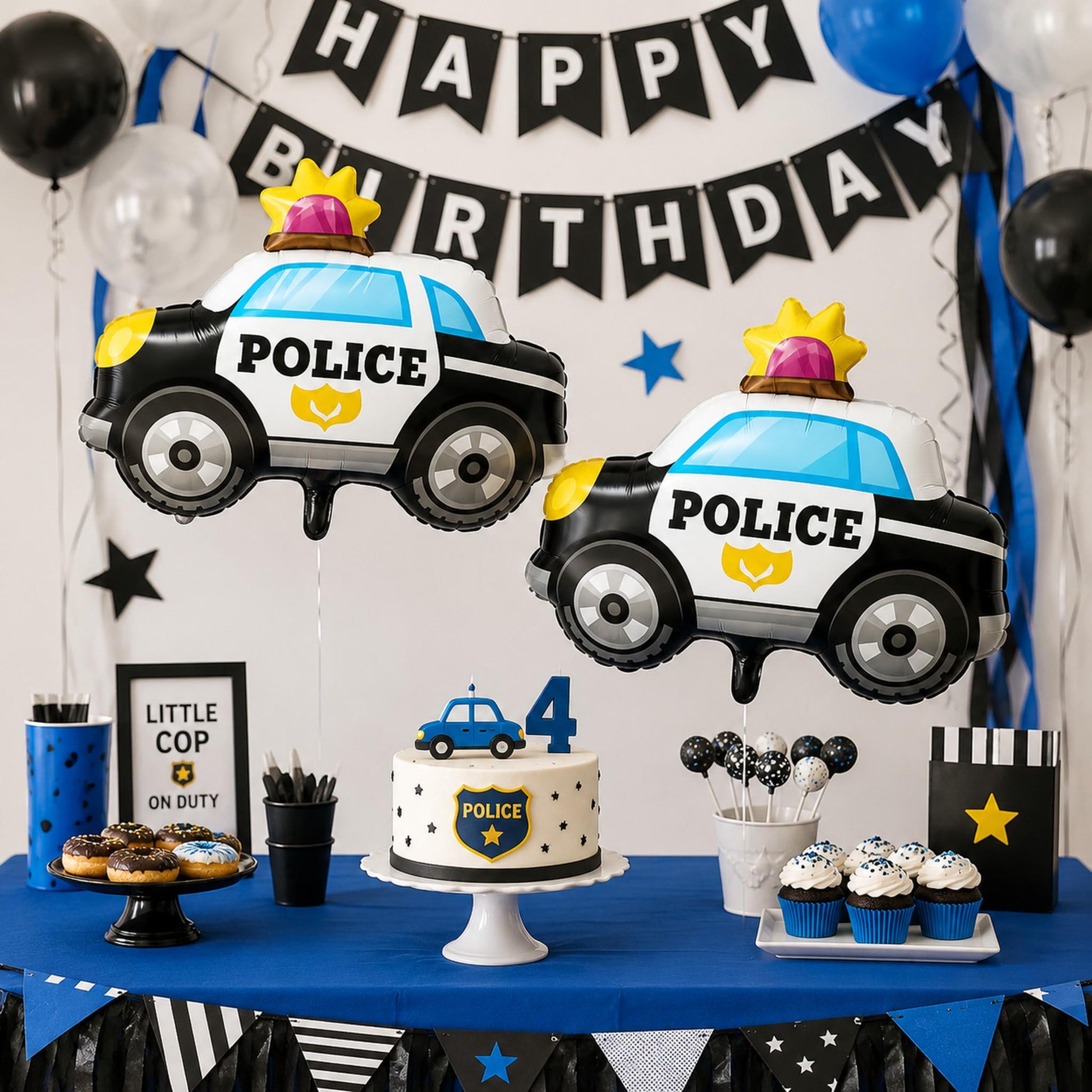 Police patrol vehicle foil balloon floating at an outdoor law enforcement appreciation event, capturing a festive mood.