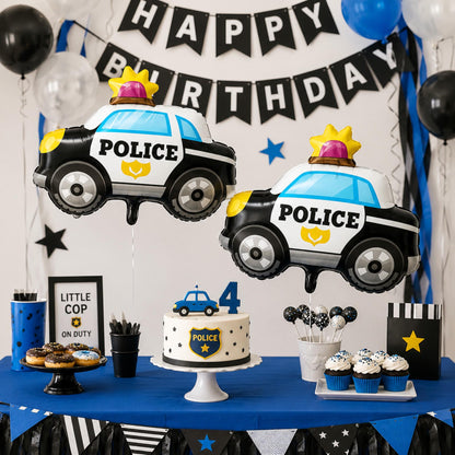 Police patrol vehicle foil balloon floating at an outdoor law enforcement appreciation event, capturing a festive mood.