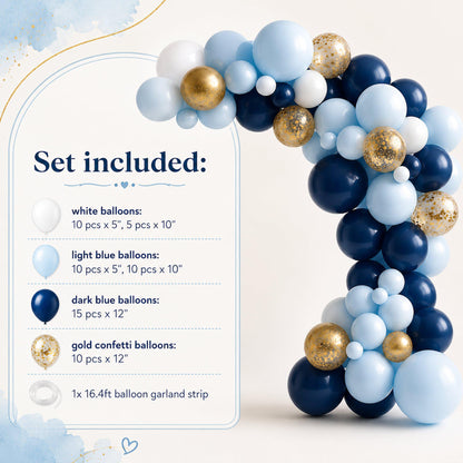 Close-up of a DIY blue and gold balloon garland kit showing assorted balloons and a 16.4-foot plastic strip.