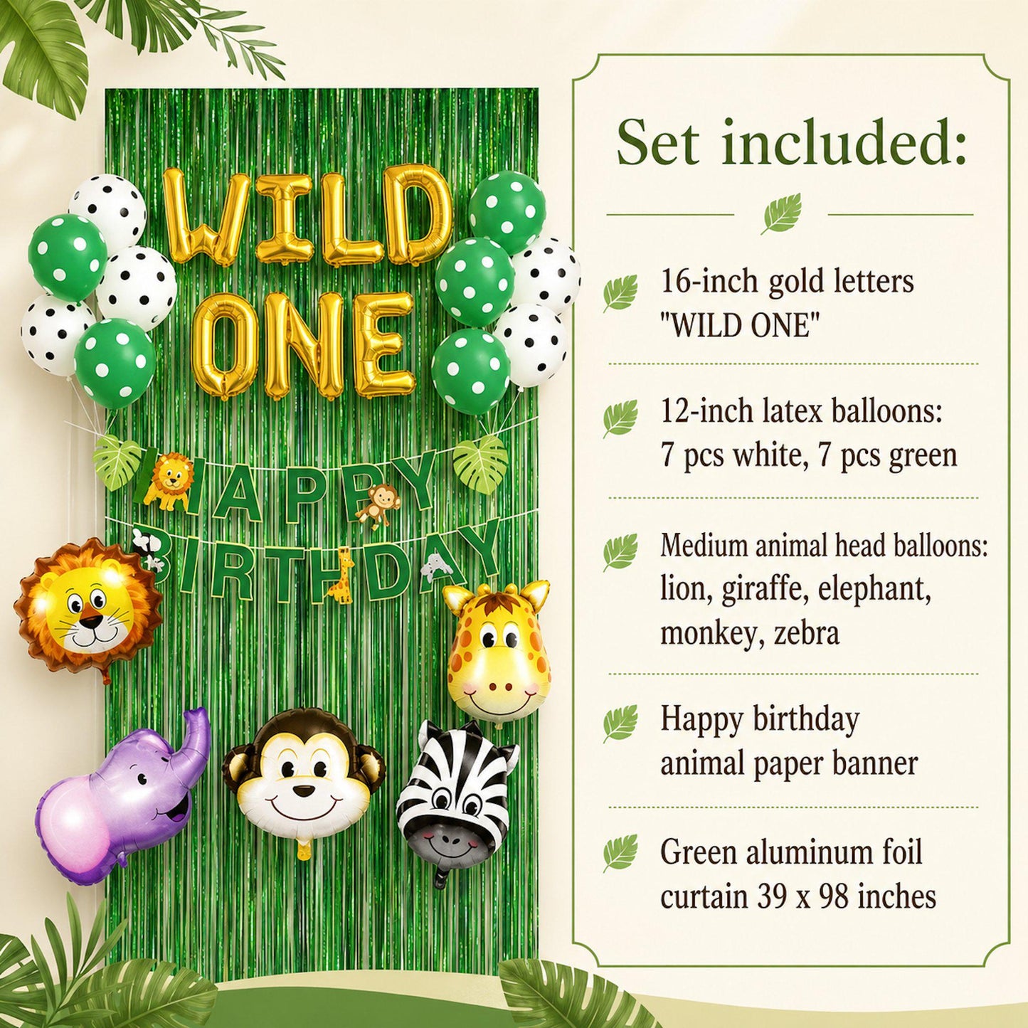 Arrangement of safari animal head balloons (lion, giraffe, monkey, zebra) alongside green and white latex balloons.