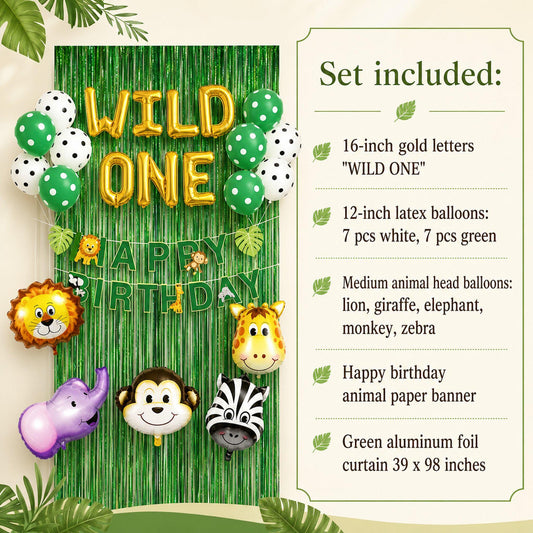 Jungle birthday kit featuring green and white balloons alongside medium animal head foil balloons.