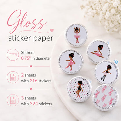 Sheet of African American ballerina favor labels, pre-cut and ready for a baby shower or birthday party.