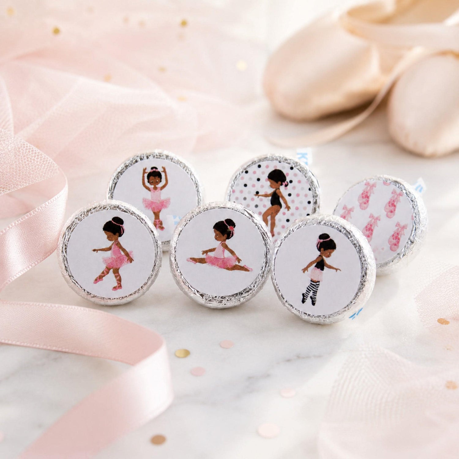 Round African American ballerina candy stickers with a pink tutu design, perfect for party favors.