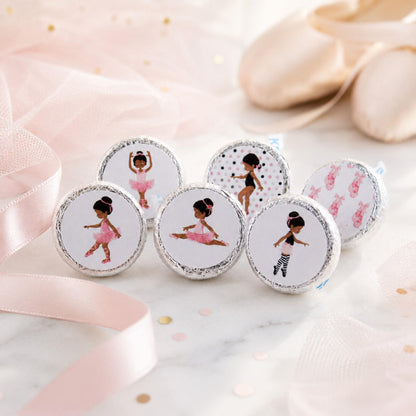 Round African American ballerina candy stickers with a pink tutu design, perfect for party favors.
