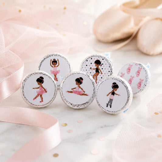 Round African American ballerina candy stickers with a pink tutu design, perfect for party favors.