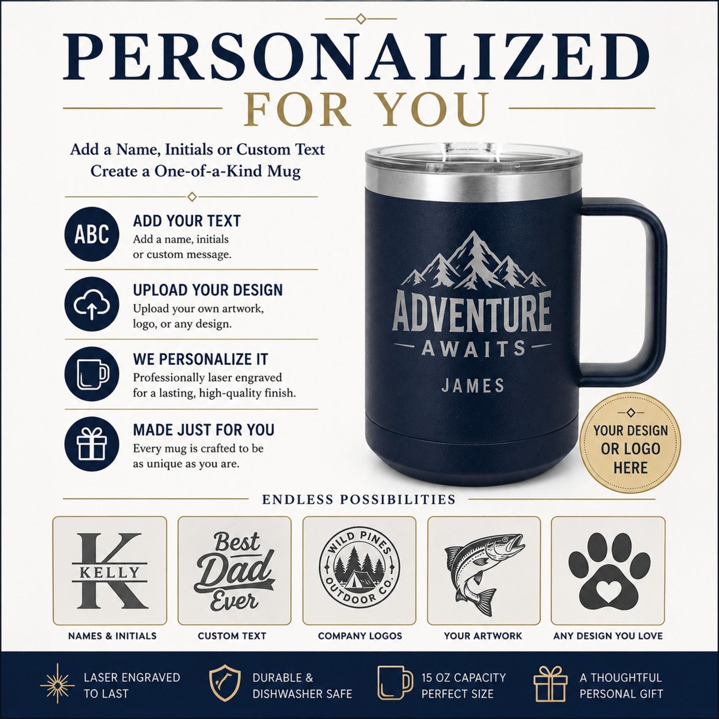 Double-wall insulated dog dad coffee mug shown in a modern kitchen setting