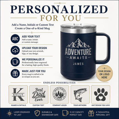 Double-wall insulated dog dad coffee mug shown in a modern kitchen setting