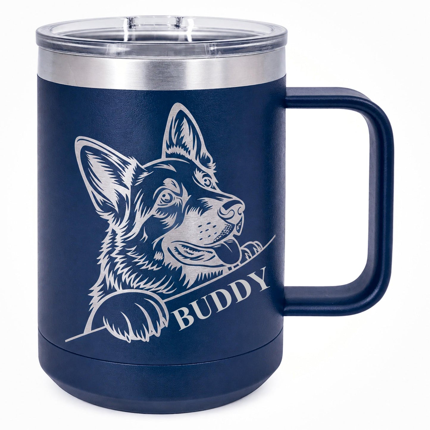 German Shepherd coffee cup styled next to a dog leash on an entryway table