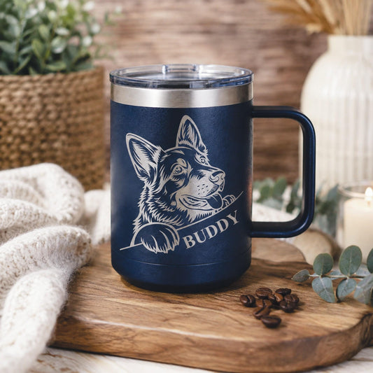 German Shepherd dog design laser-engraved on a 15 oz stainless steel travel mug