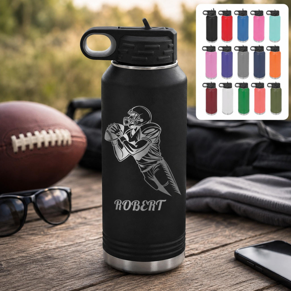 Laser-engraved football Senior Night water bottle with custom athlete name and number, shown on a black finish.