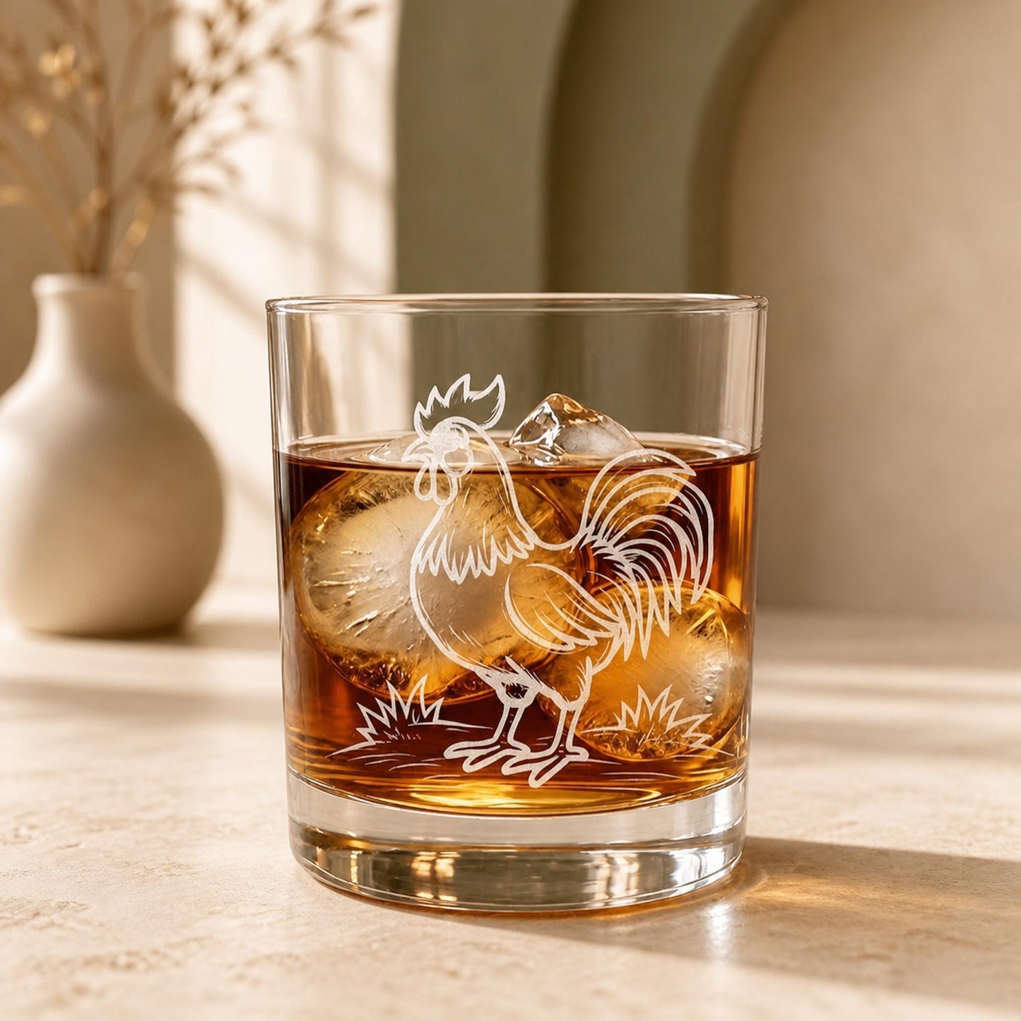 Laser Engraved Rooster Whiskey Glass - 10.5 oz Premium Glass for Whiskey Lovers