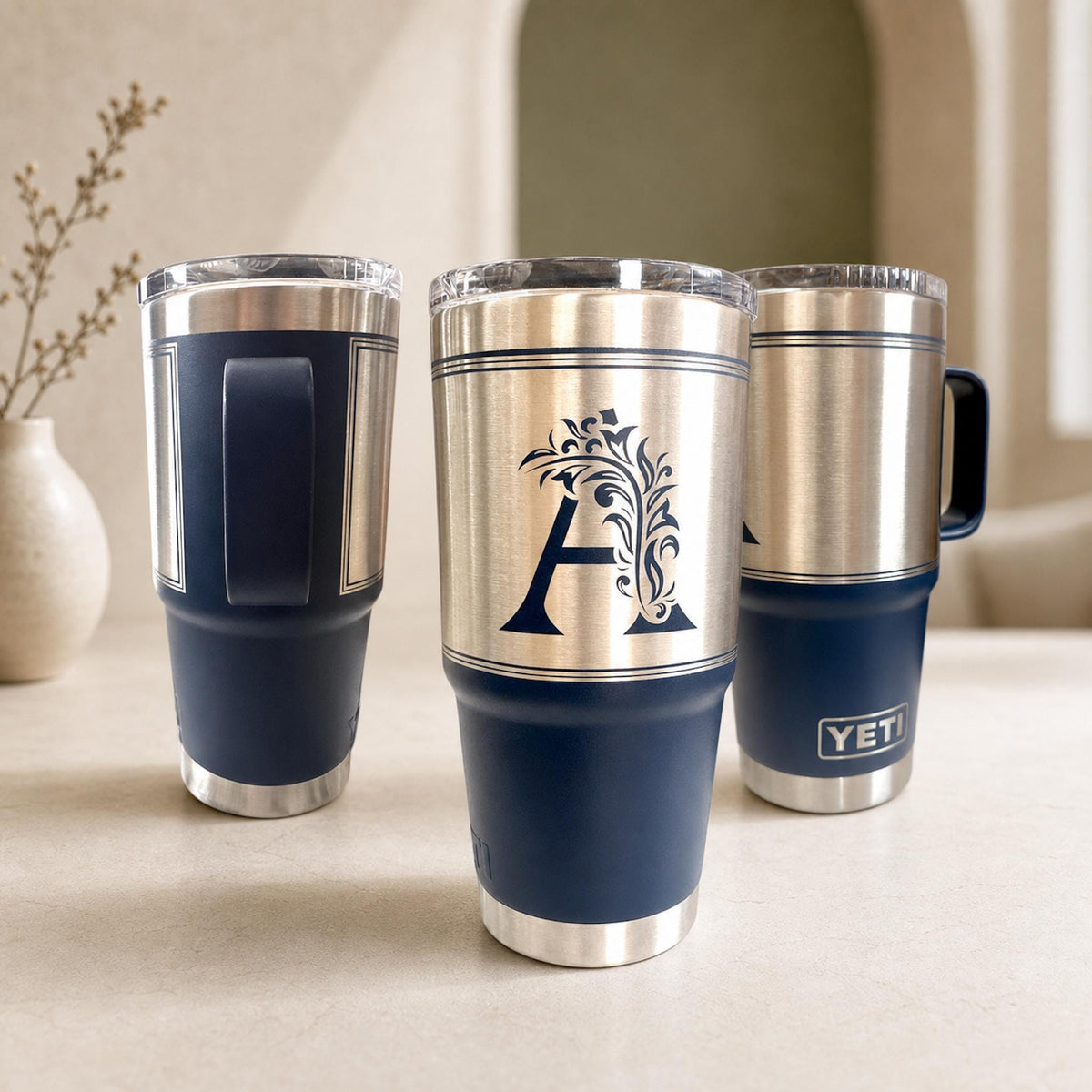 Monogrammed Custom 20 oz Tumbler with Handle and Laser Engraving