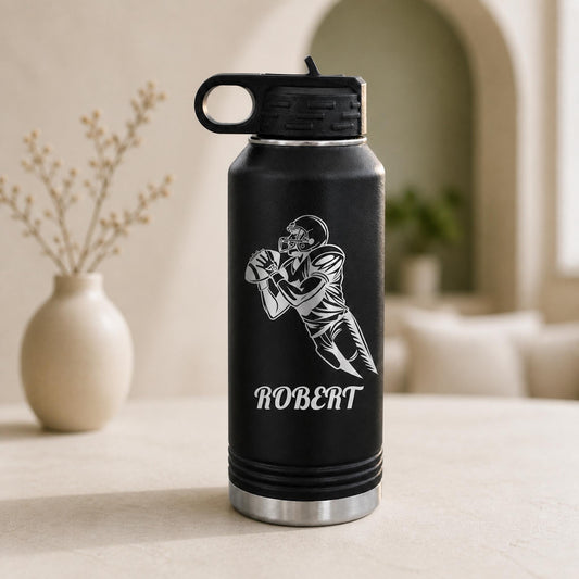 Football Senior Night Water Bottle, Laser Engraved Stainless Steel with Name and Number