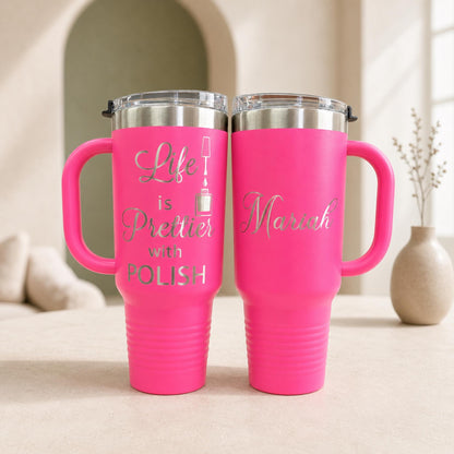Personalized 40 oz nail salon tumbler with handle, featuring a nail polish themed design and custom name.