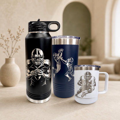 Black custom engraved football water bottle with a player graphic, shown upright on a dark background.