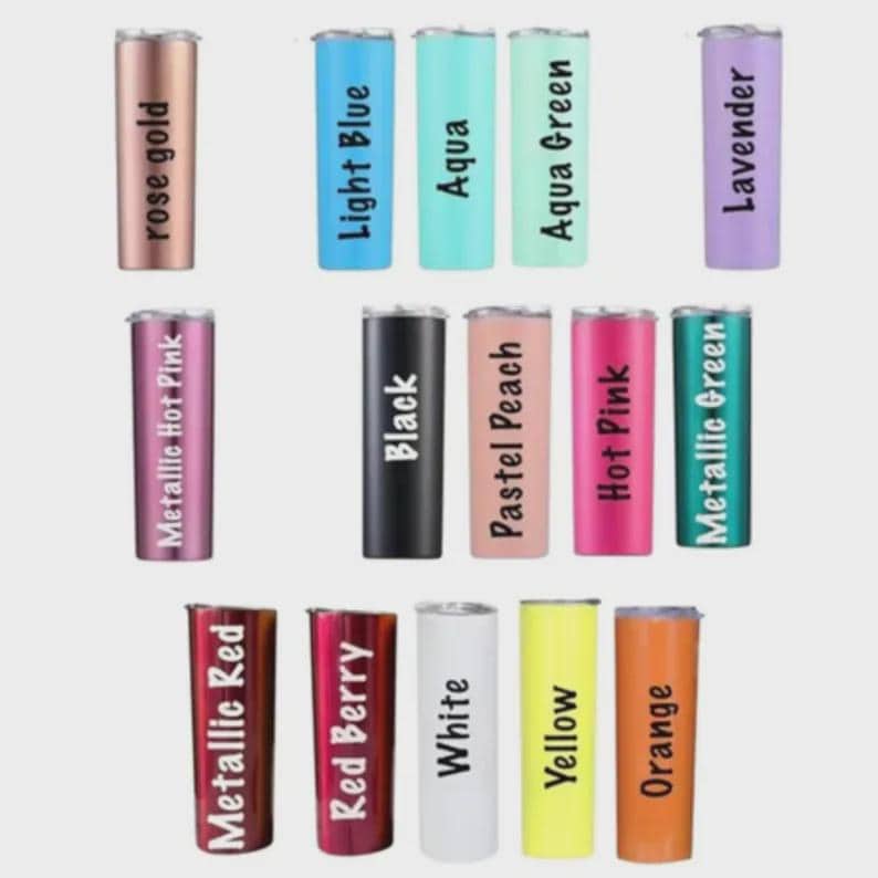 Color chart for a personalized fairy tumbler showing the available powder-coated finish choices.