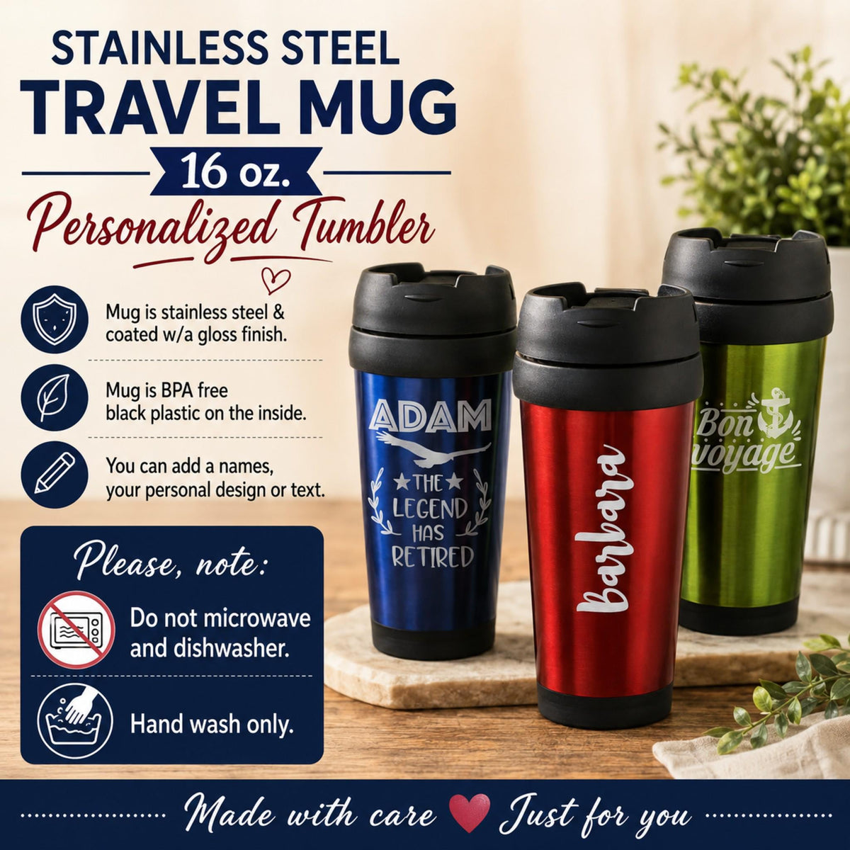 Close-up of a personalized tumbler showing a detailed silver laser-engraved monogram design.