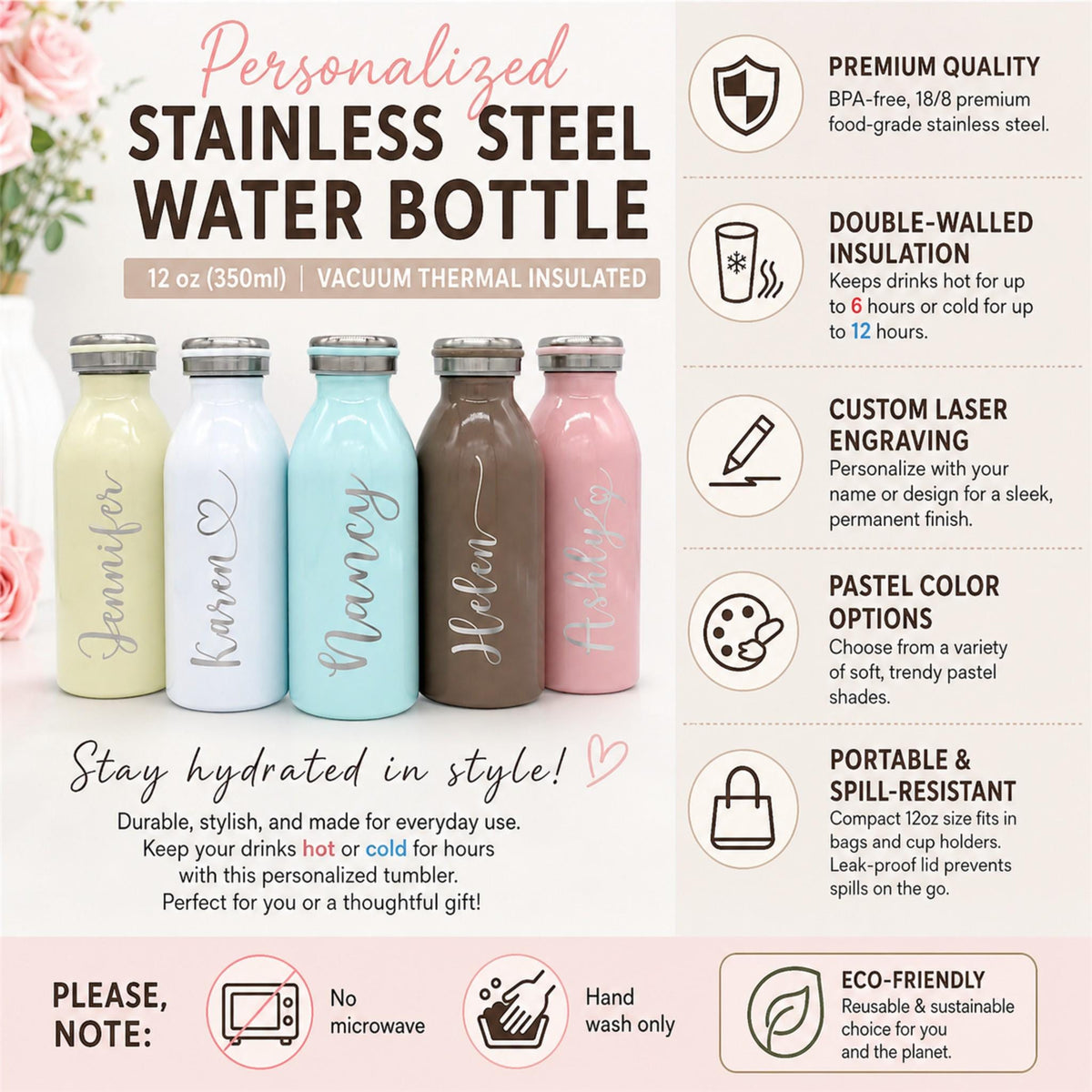 Laser-engraved 12 oz stainless steel water bottle in a soft pink pastel shade, showing custom text.