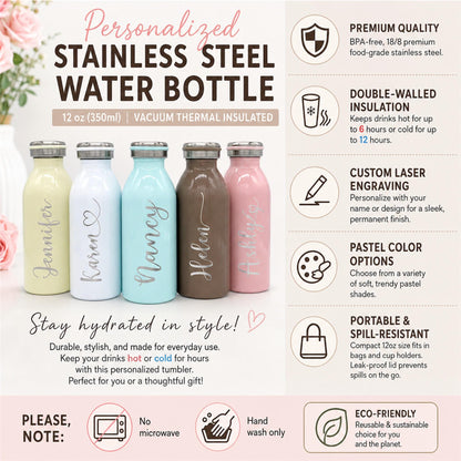 Laser-engraved 12 oz stainless steel water bottle in a soft pink pastel shade, showing custom text.