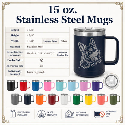 Personalized dog name engraved beneath the German Shepherd illustration on the cup