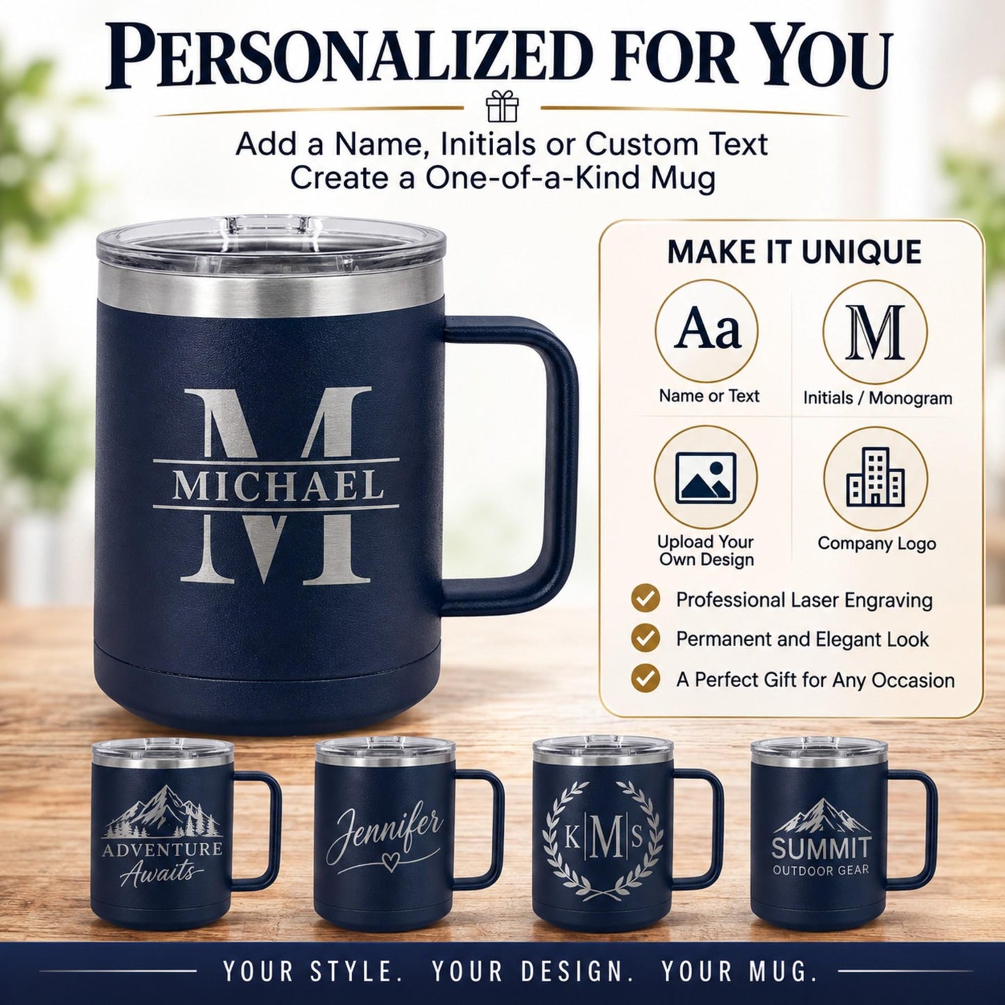 Back view of the 15 oz stainless steel tumbler with a sturdy handle