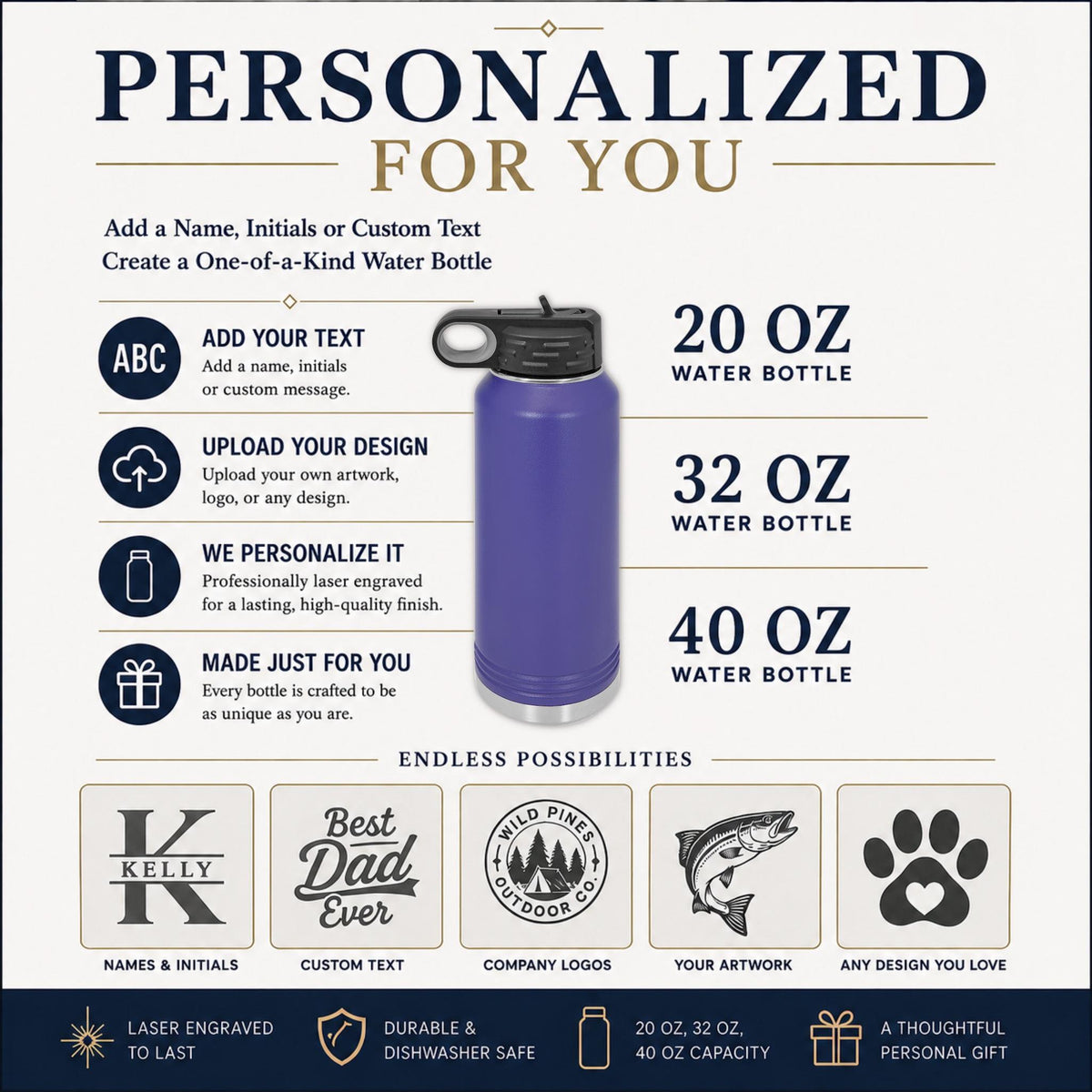 Close-up of the permanently engraved football graphic and player details on a stainless steel bottle.