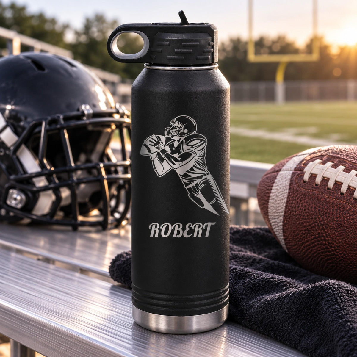 Personalized senior athlete gift bottle showing the precision-engraved helmet design and custom text.