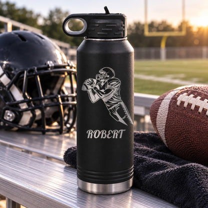 Personalized senior athlete gift bottle showing the precision-engraved helmet design and custom text.