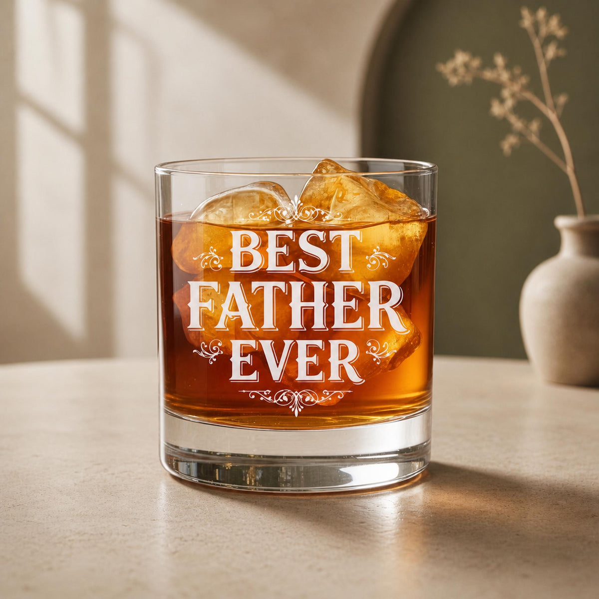 Engraved whiskey glass with "Best Father Ever" text, filled with amber liquid and ice on a wooden table.