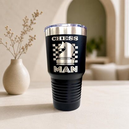 30 oz laser engraved chess tumbler in stainless steel with a secure slider lid, showing a detailed chess board pattern.