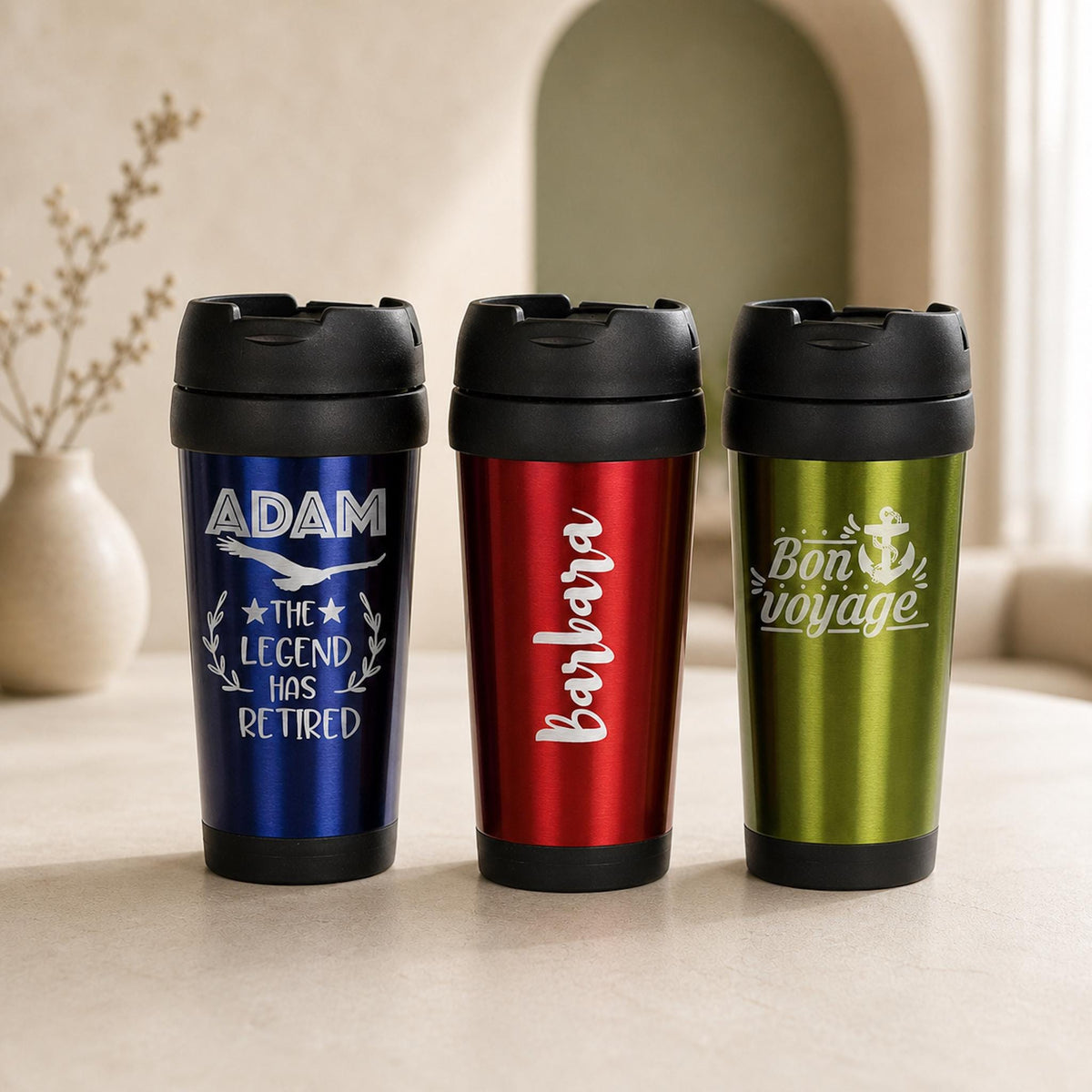 Custom 16 oz insulated coffee tumbler in green, personalized with a name, displayed against a neutral background.