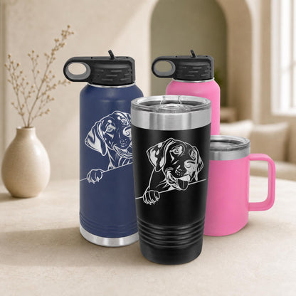 Personalized Vizsla dog tumbler in black with an engraved dog design and custom name.