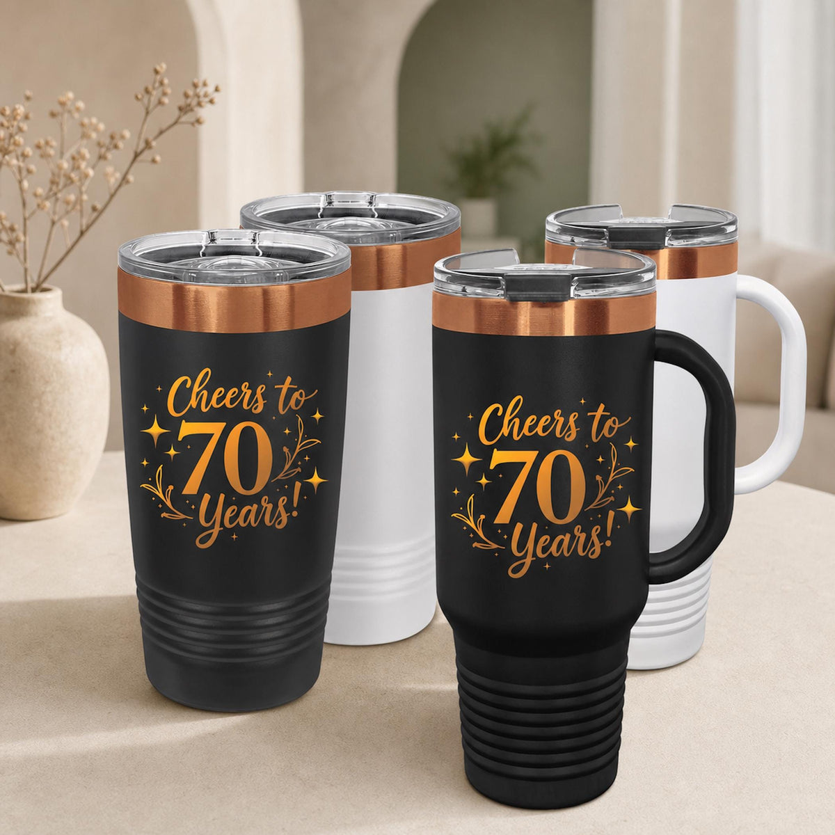 Personalized milestone birthday tumbler, 20 oz, in black with gold laser engraving, featuring a 'Cheers to 50 Years' design.