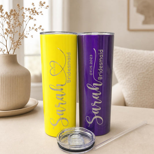 Yellow and purple personalized bridesmaid tumbler pair engraved with Sarah, role, and event date.