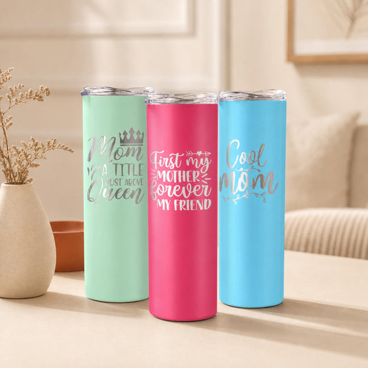Three personalized mom tumbler designs in mint, pink, and blue with engraved motherhood quotes.