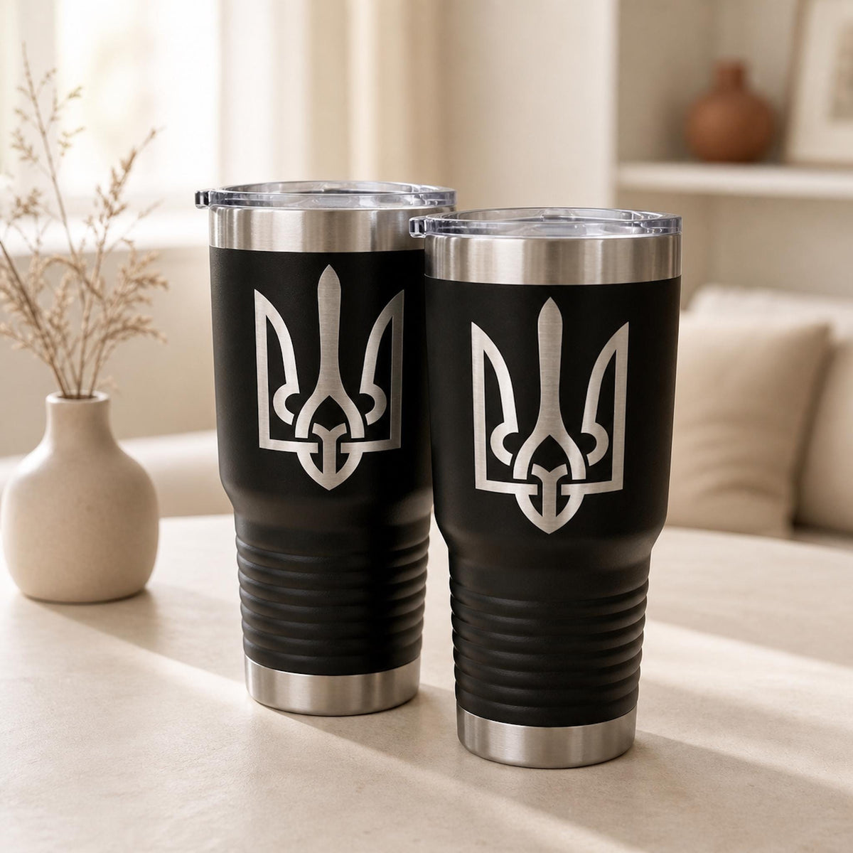Two black Ukrainian coat of arms tumblers with large silver Tryzub engravings in a neutral home setting.