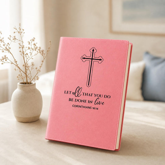 Pink engraved leatherette Bible study journal with cross and 1 Corinthians 16:14 verse