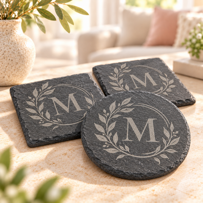 Laser engraved monogram design on natural dark slate coasters, personalized gift set