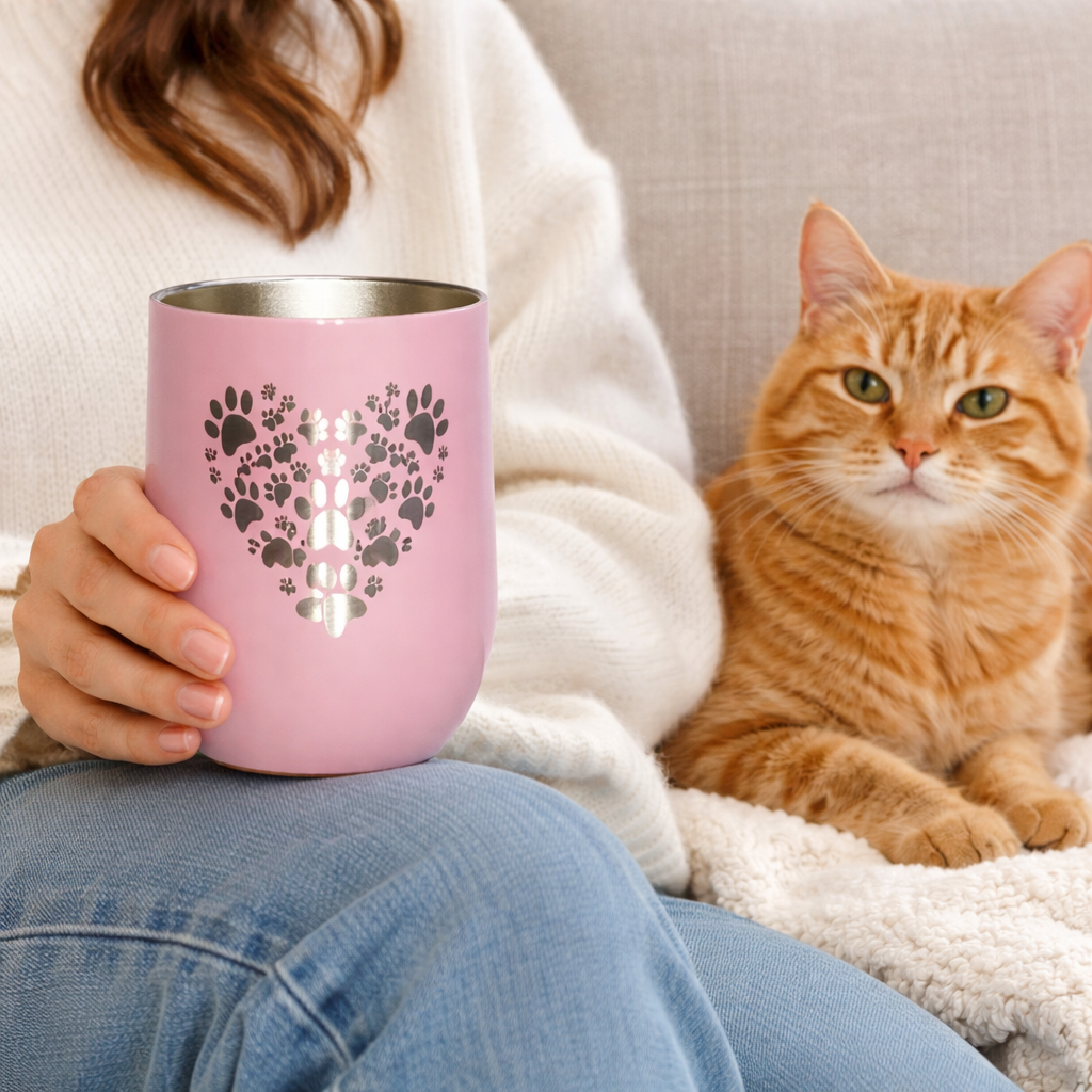 Person holding a pink mug with paw prints and a cat sitting next to them on a couch.