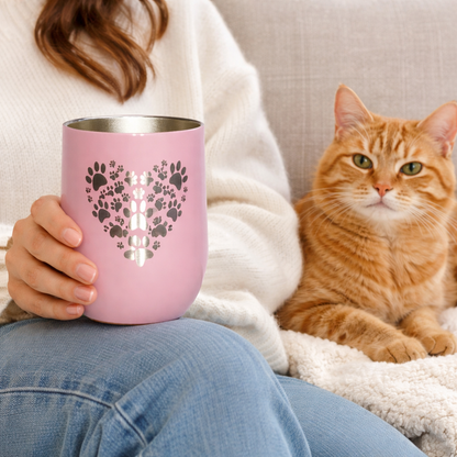 Person holding a pink mug with paw prints and a cat sitting next to them on a couch.