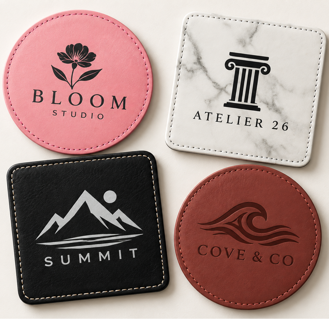 Four custom-designed leatherette coasters arranged in a 2x2 grid on a light beige background. The set includes two round coasters and two square coasters, in pink, white marble, black, and reddish-brown colors, each featuring a black logo and brand name.