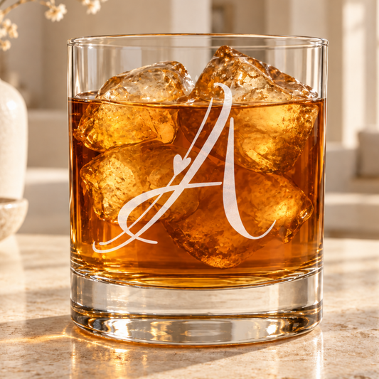 A clear lowball-style whiskey glass with a large white monogram letter A, filled with amber liquid and ice, set on a light stone surface in a softly blurred indoor setting.