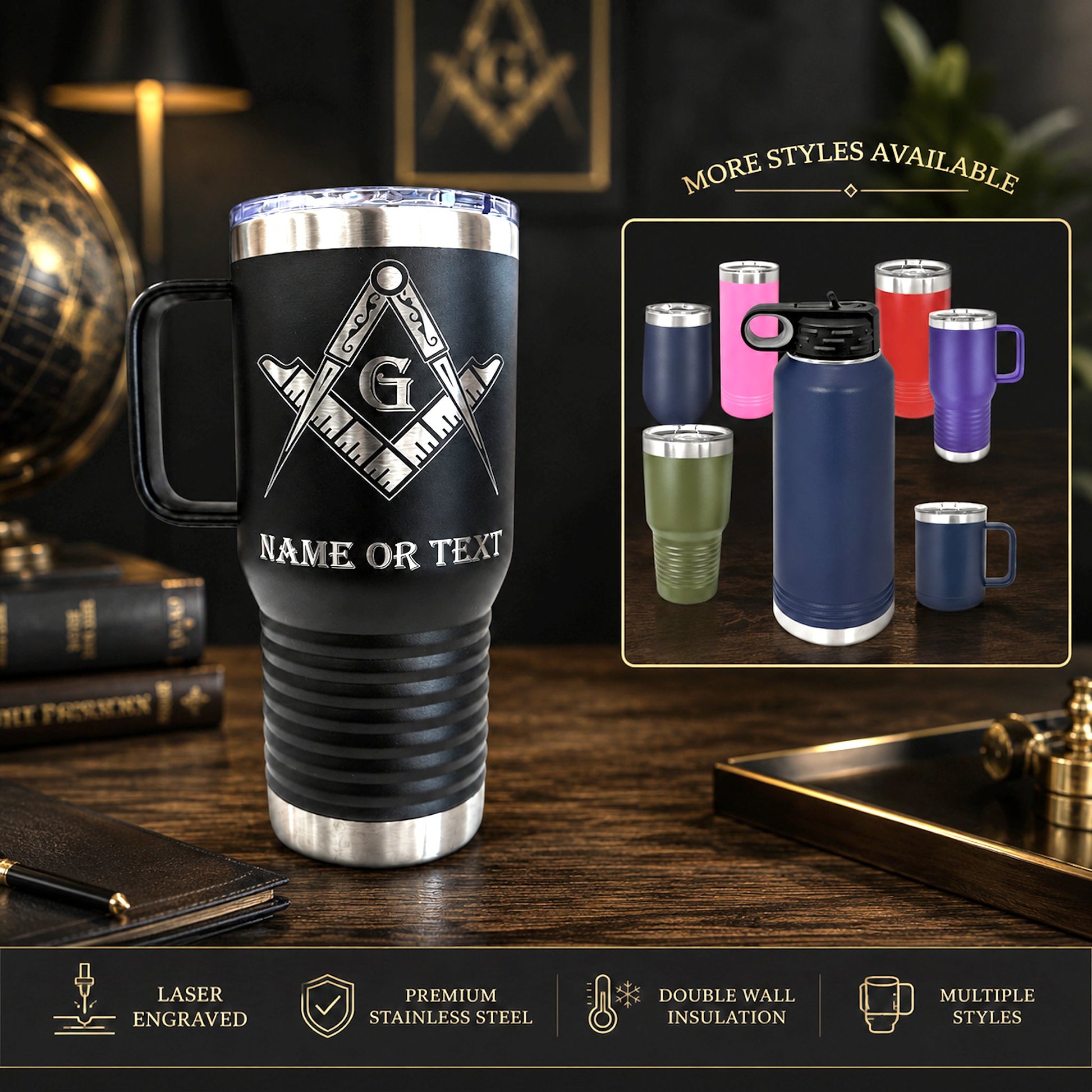 Close-up of the masonic compass and square emblem etched onto a polished stainless steel tumbler.