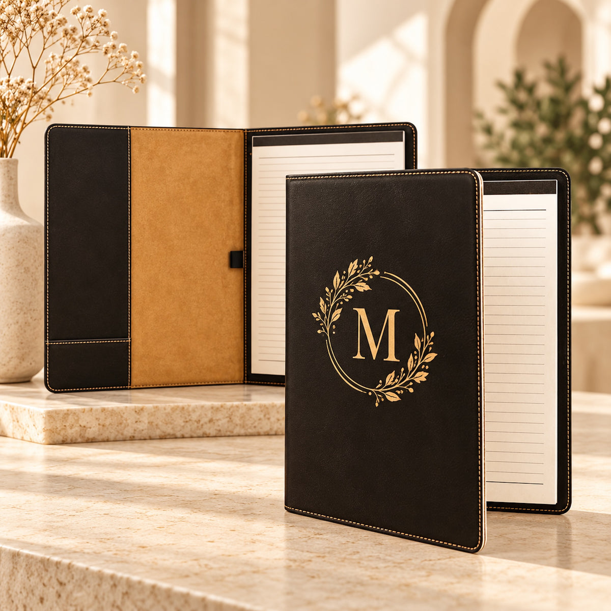 Custom Logo Leatherette Portfolio with Notepad – Laser Engraved Padfolio, 7" x 9" & 9.5" x 12", Bulk Orders