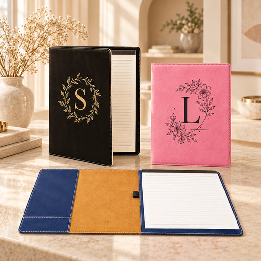 Custom Logo Leatherette Portfolio with Notepad – Laser Engraved Padfolio, 7" x 9" & 9.5" x 12", Bulk Orders