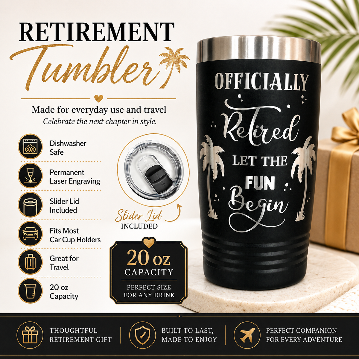 Officially Retired tumbler features: dishwasher safe, laser engraving, slider lid, 20 oz