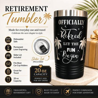 Officially Retired tumbler features: dishwasher safe, laser engraving, slider lid, 20 oz